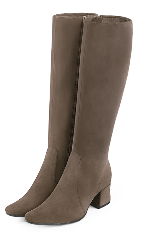 Tan beige women's feminine knee-high boots. Round toe. Low flare heels. Made to measure. Front view - Florence KOOIJMAN